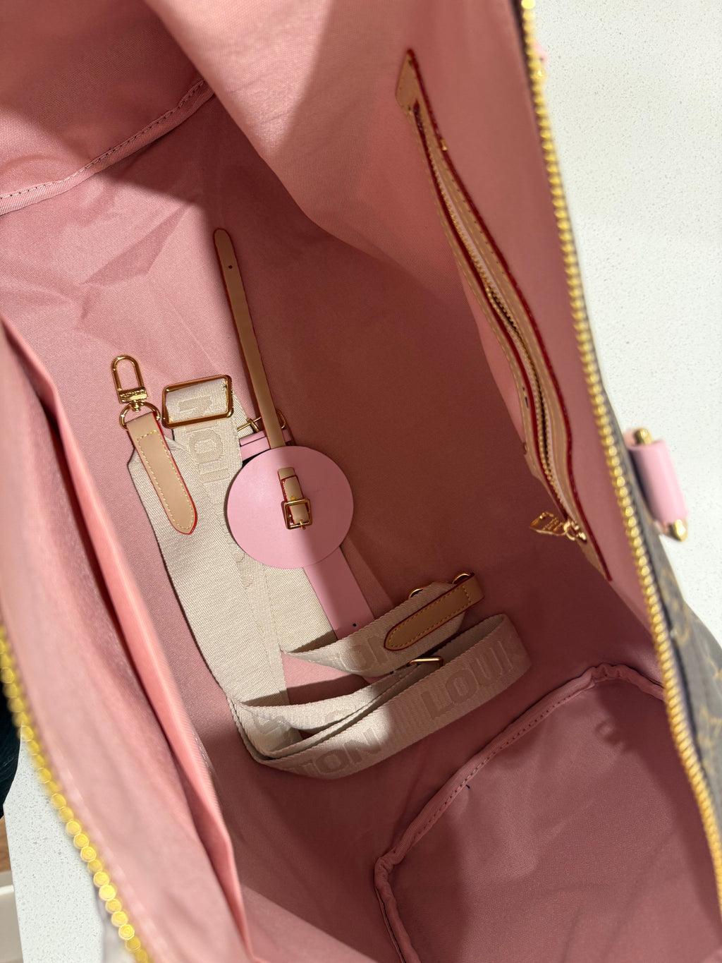 Brown & pink lv overnight bag